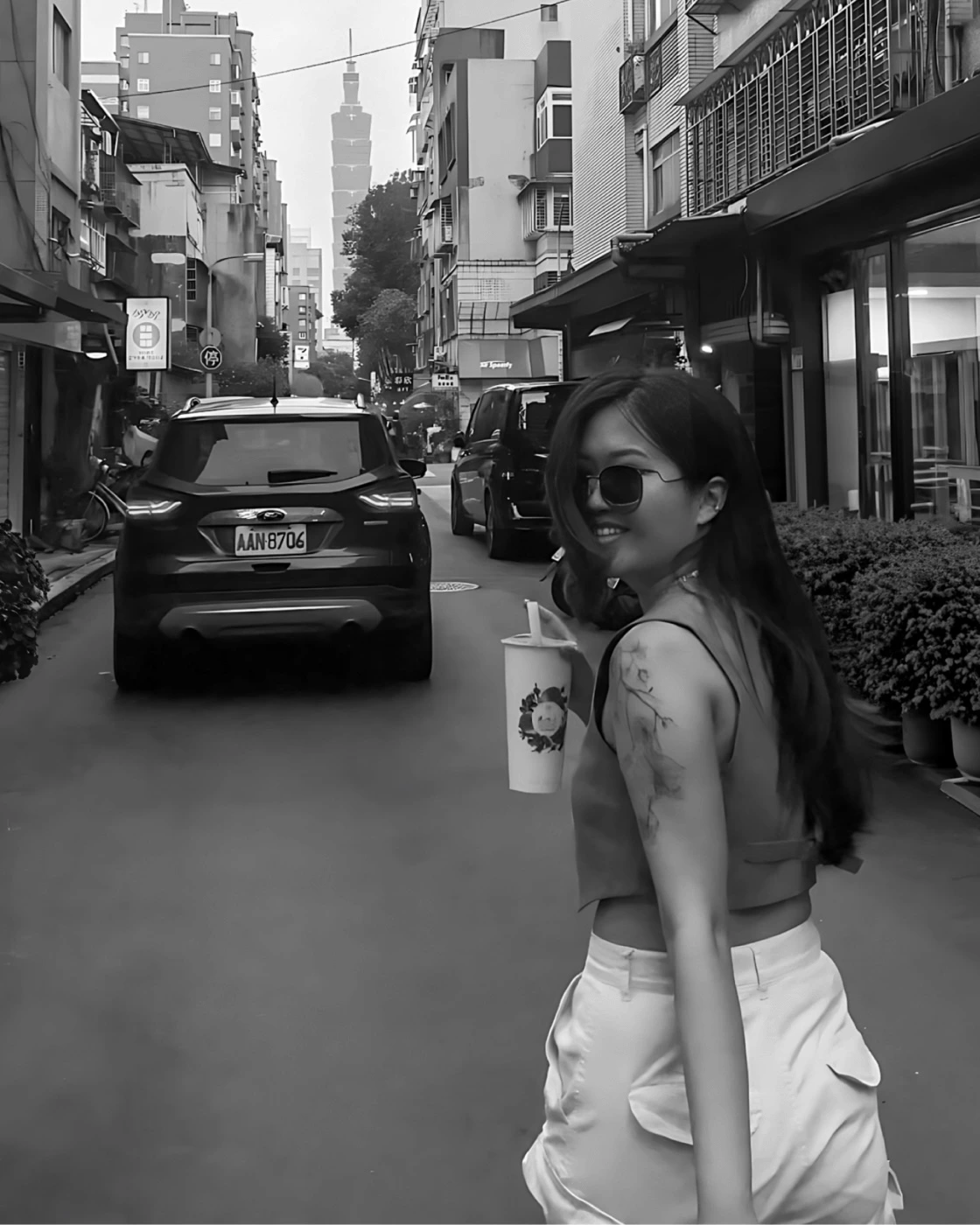 Black and white portrait of Michelle Hu